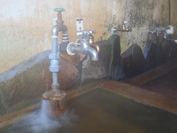 蛇口から勢いよく噴き出す源泉の写真